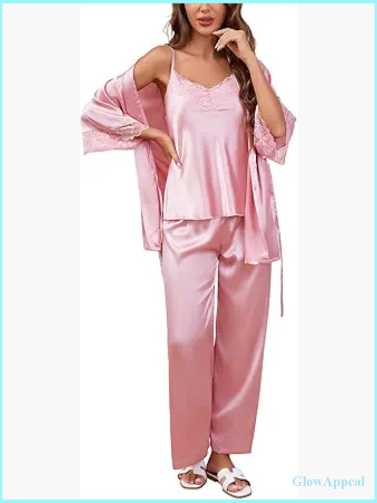 Luxury 3-Piece Satin Pajama Set With Robe, V-Neck Cami & Long Pants Soft